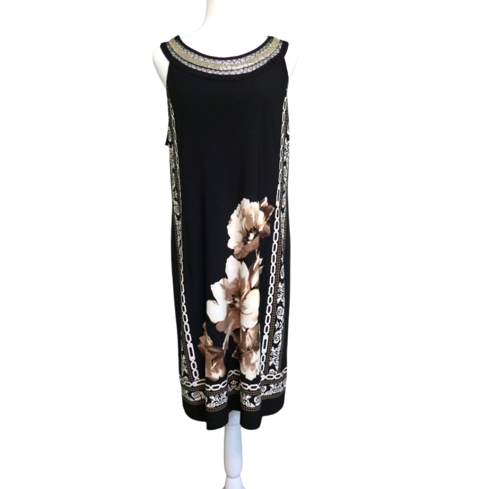 Dressbarn Embellished Sleeveless Floral B & W Midi Knee Length Dress Size 14 - Picture 1 of 7